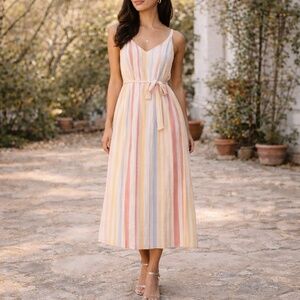 Bella Dahl Rainbow Stripe Tie‎ Waist Midi Dress Summer Size S